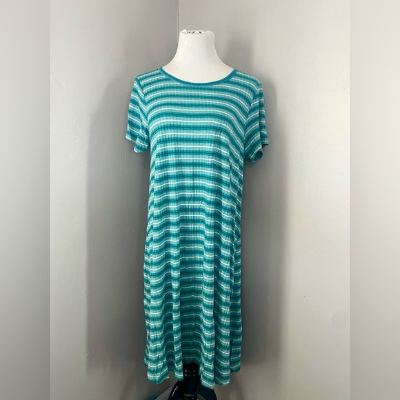 LuLaRoe Carly Dress Blue Striped Ribbed Fabric High Low - Picture 6 of 6
